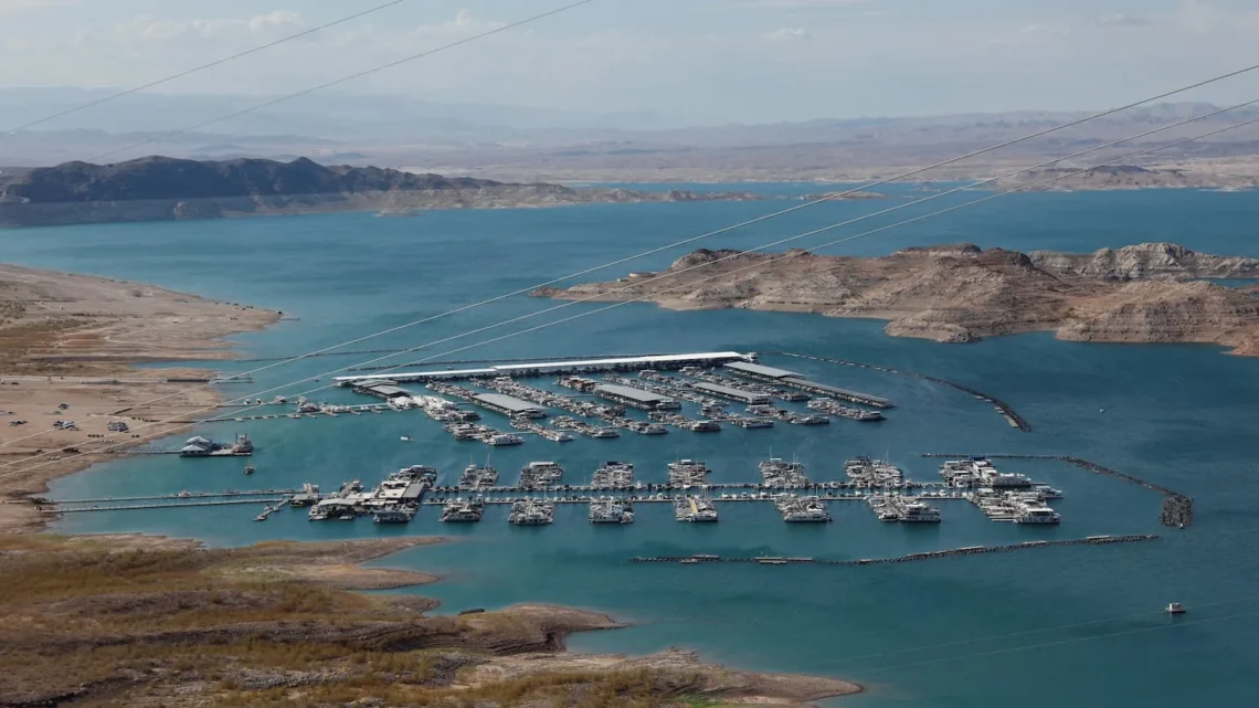 Exposed foundations and streets of the St. Thomas ghost town at low Lake Mead water levels