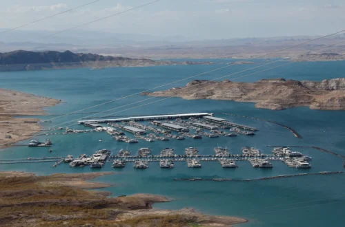 Exposed foundations and streets of the St. Thomas ghost town at low Lake Mead water levels