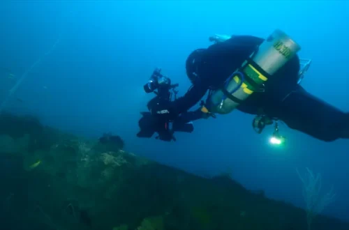 Underwater wreck of the Hōfuku Maru covered in silt off the coast of the Philippines