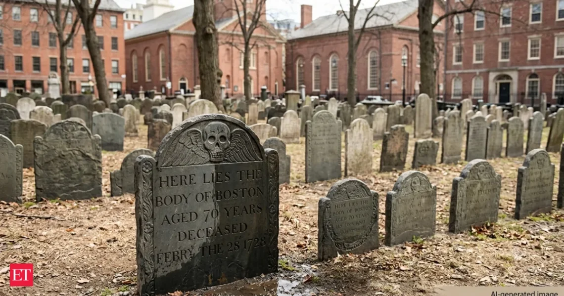 A historic gravestone for Boston in the Granary Burying Ground with a carved winged skull