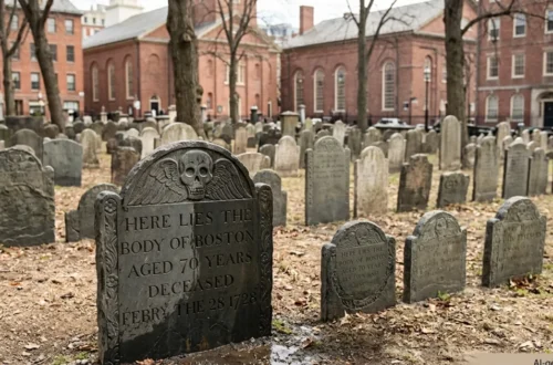 A historic gravestone for Boston in the Granary Burying Ground with a carved winged skull