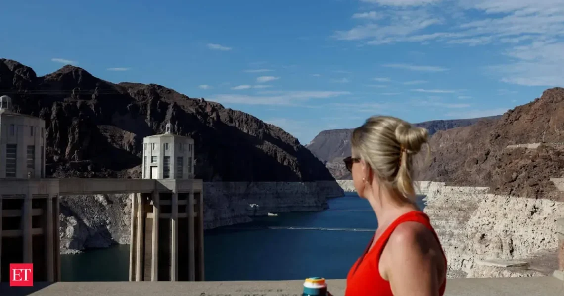Ruins of St. Thomas ghost town exposed beside low water at Lake Mead