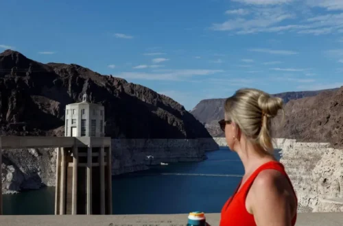 Ruins of St. Thomas ghost town exposed beside low water at Lake Mead