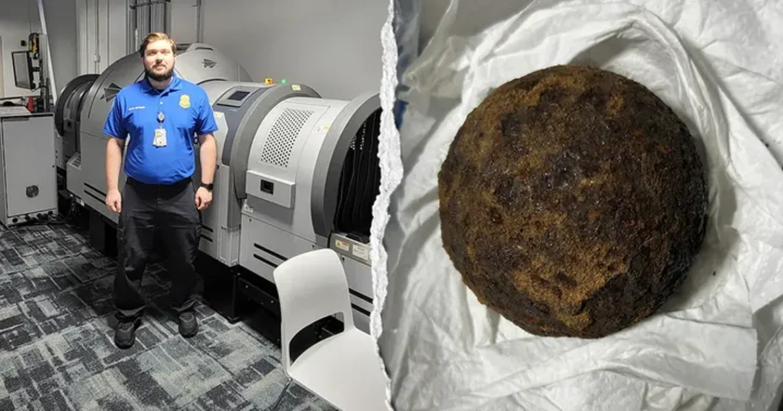 TSA officers at an Alabama airport inspect a checked bag after finding cannonballs on an X-ray
